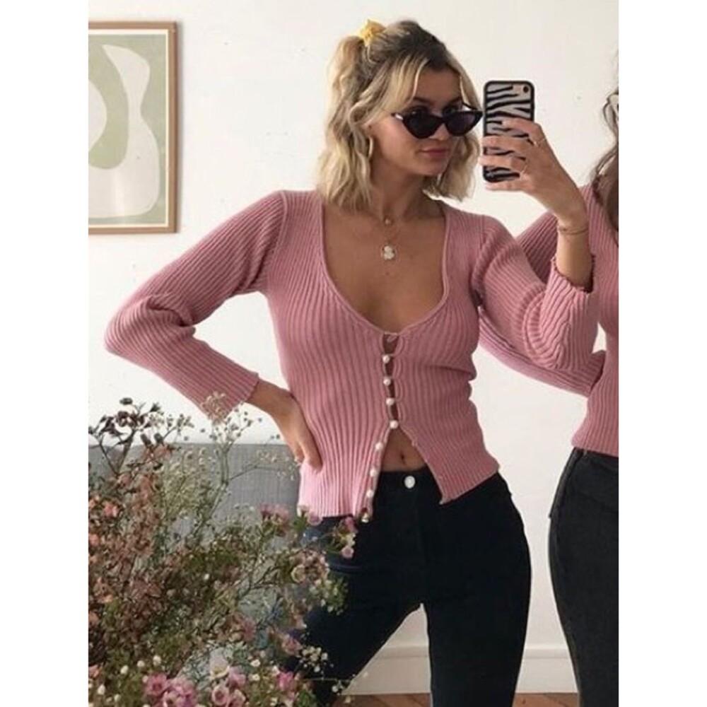 Wilfred Ribbed Pearl V-Neck Button-Up Sweater XXS